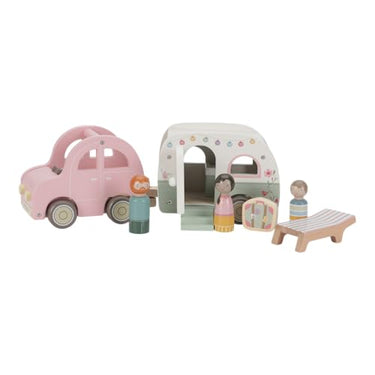 Little Dutch 8022 FSC Holz Auto mit Wohnwagen, Spielfiguren und Zubehör 10-teiliges Set - rosa im Sale